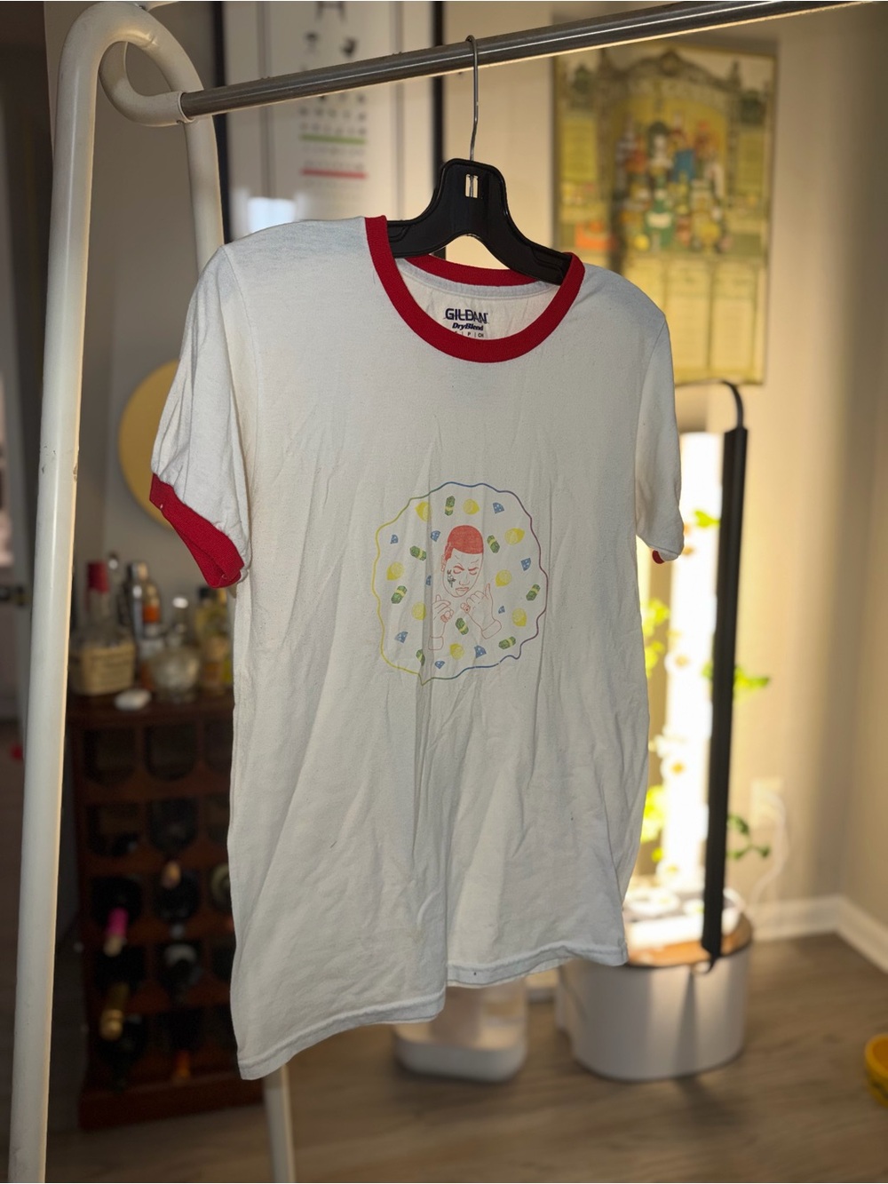 Gildan White Ringer Tee with Red Trim and Center Gucci Mane Graphic RARE